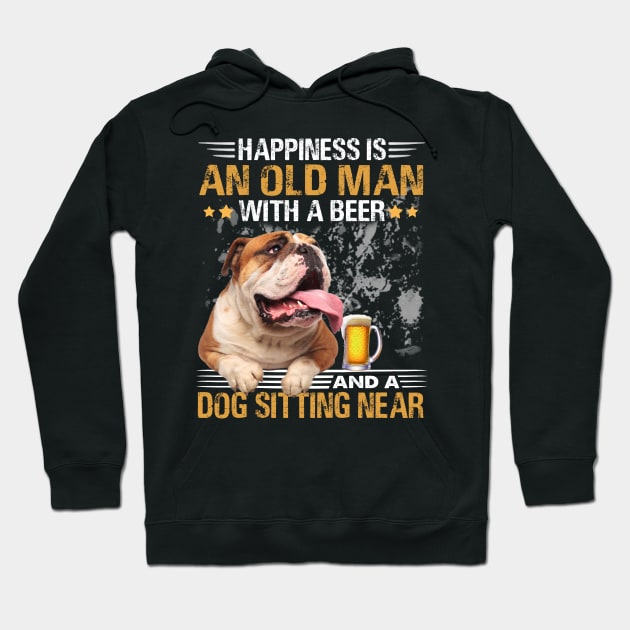 Happiness Is An Old Man With A Beer And A Bulldog Sitting Near Hoodie by Magazine